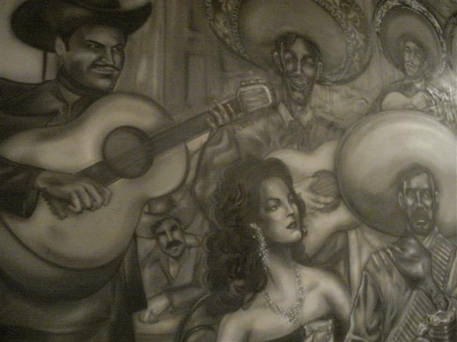Painted mural of mariachi band and woman Painted mural of mariachi band and woman