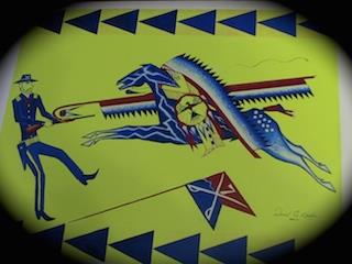 Painting of a white soldier sawing a horse and native american in half