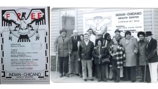 Indian Chicano Health Center flyer and group photo in front of building