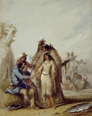 Painting of Native Americans completing trades