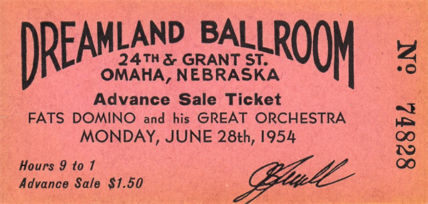 Dreamland Ballroom ticket for Fats Domino and his Great Orchestra